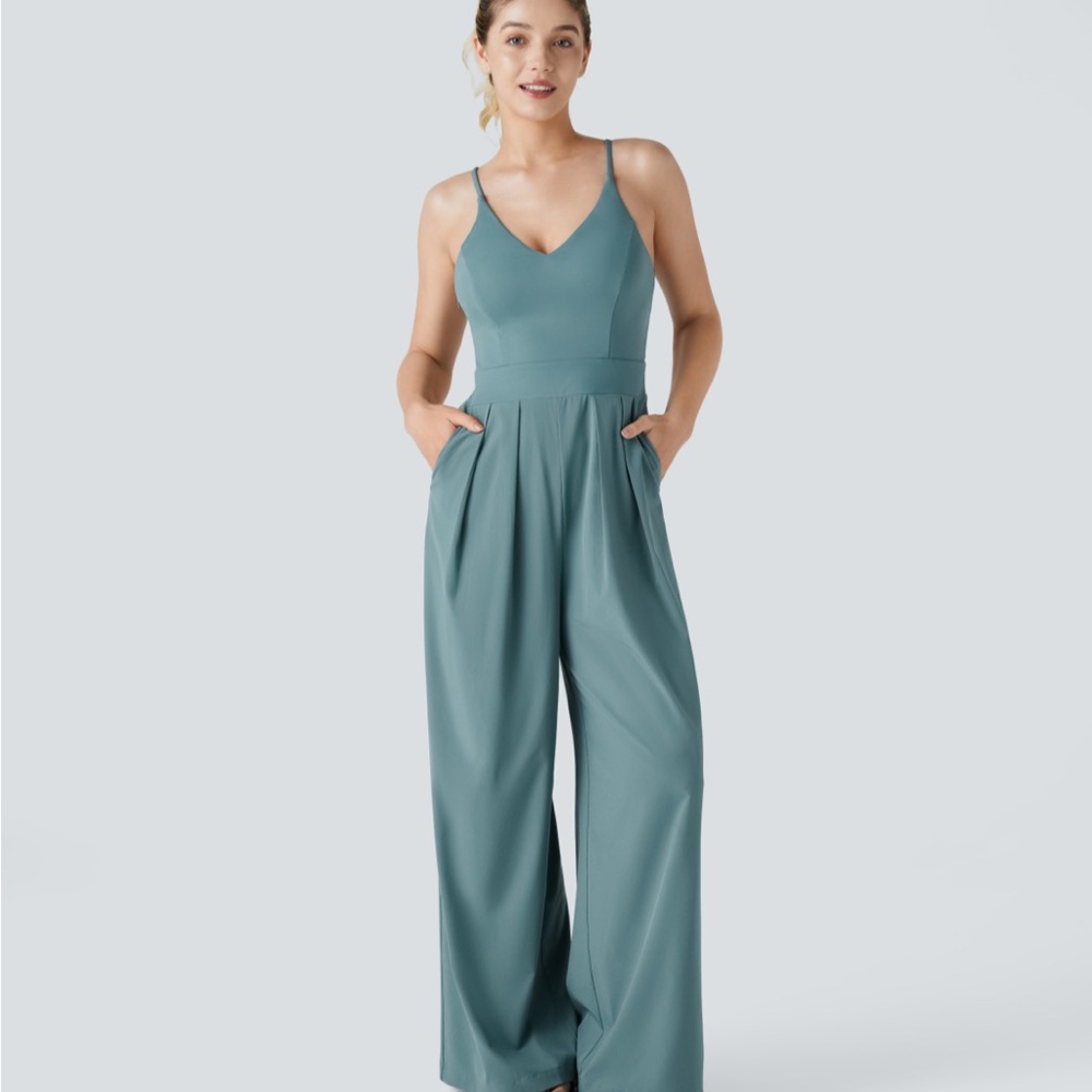 Sleeveless V-Neck Wide-Leg Jumpsuit in Teal